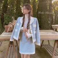 temperament elegant korean lapel long sleeve blue tweed jacket short cardigan tops mini high waist plaid skirt fashion sets