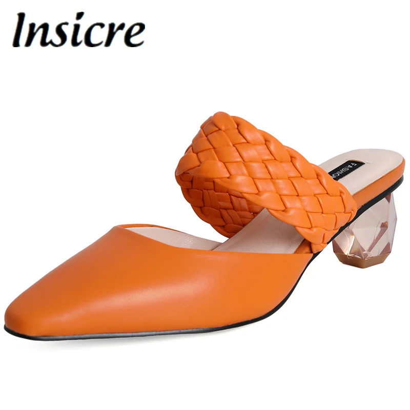 

Insicre 2021 Summer Green Woven Slippers Women Slip On Slides Fashion Square Toe Mule Heels Sandals Female Outdoor Flip Flops