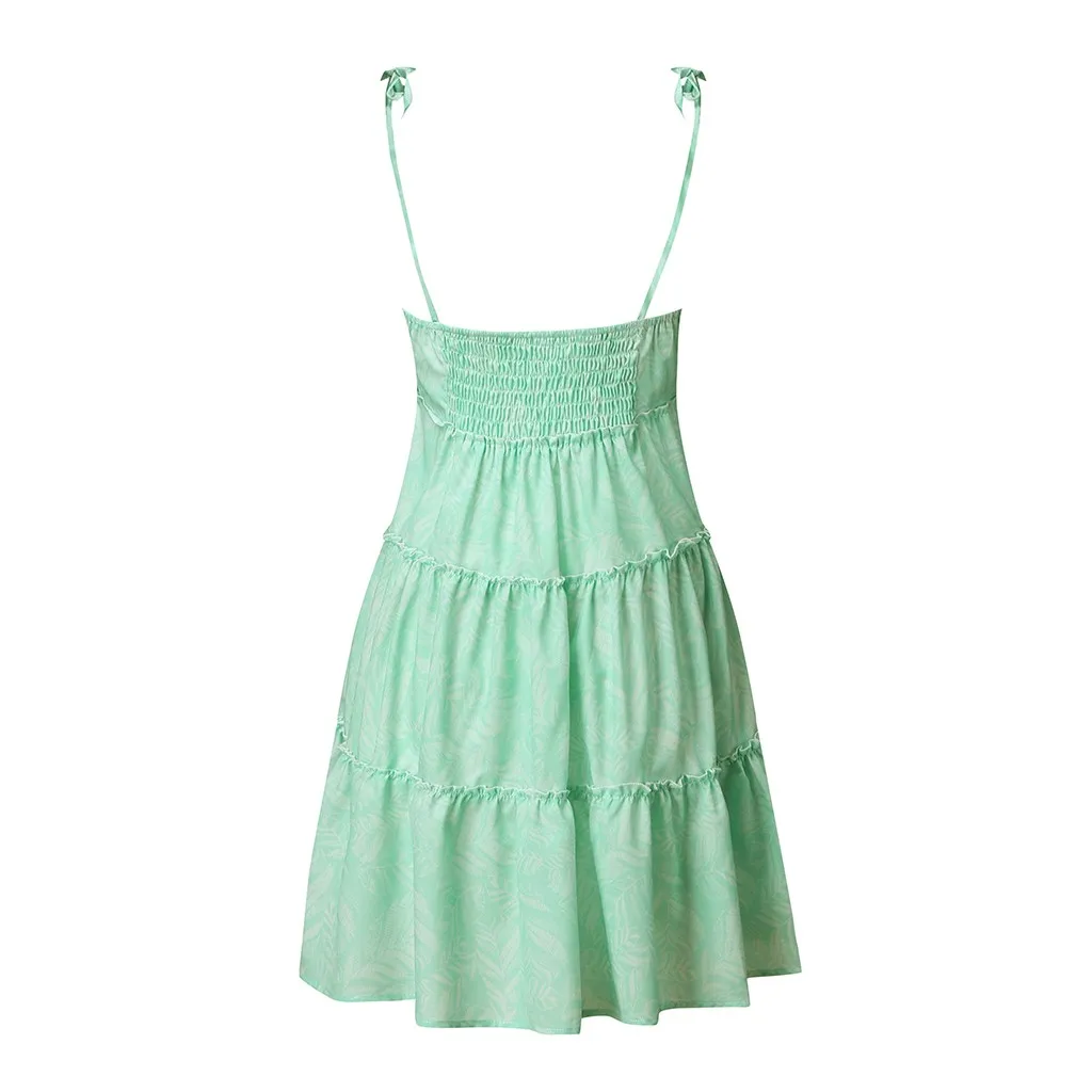 Женские платья листьев печати Bohemian без рукавов Ropa Mujer Сборки Vadim Над коленом Мини