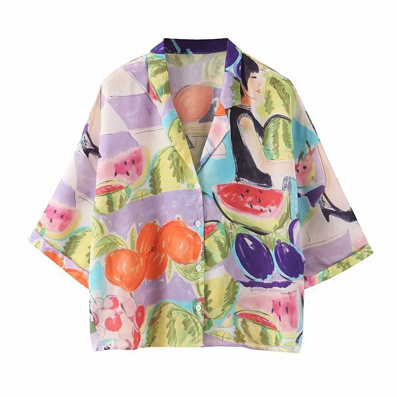 

EAYUCU Abstract Fruit Beauty Blouse Shirt Women 2020 Summer Turn Down Collar Short Sleeve Loose Women Tops and Blouses T540