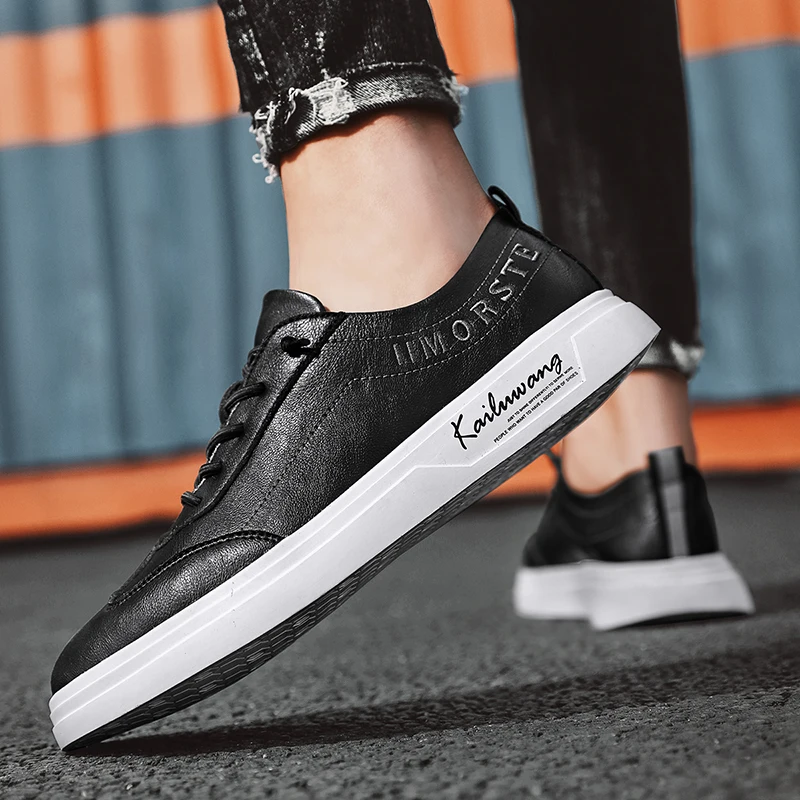 

New Trend Men Flats Casual Shoes Brand Fashion Casual Sneakers Man Black White Leather Shoes For Mens Rubber Walking Footwear