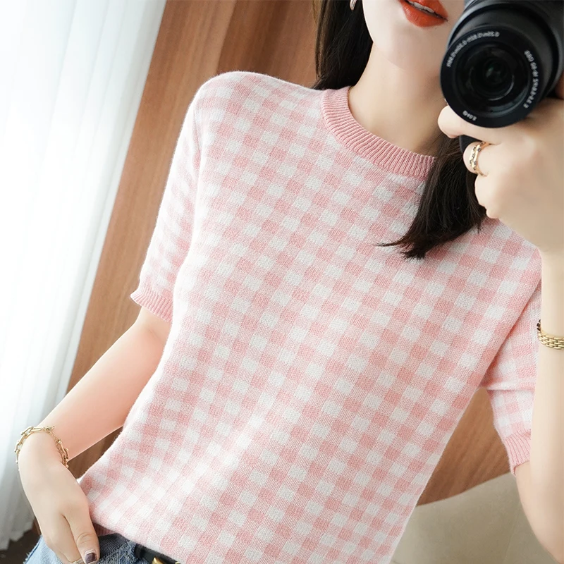 

T-shirt women's pure cotton thread short-sleeved sweater spring summer thin half-sleeved round neck pullover bottoming thin top