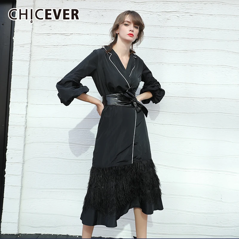 

CHICEVER Elegant Windbreakers For Women Lapel Three Quarter Sleeve High Waist Black Lace Up Skirt Hem Coats Female 2021 Clothing