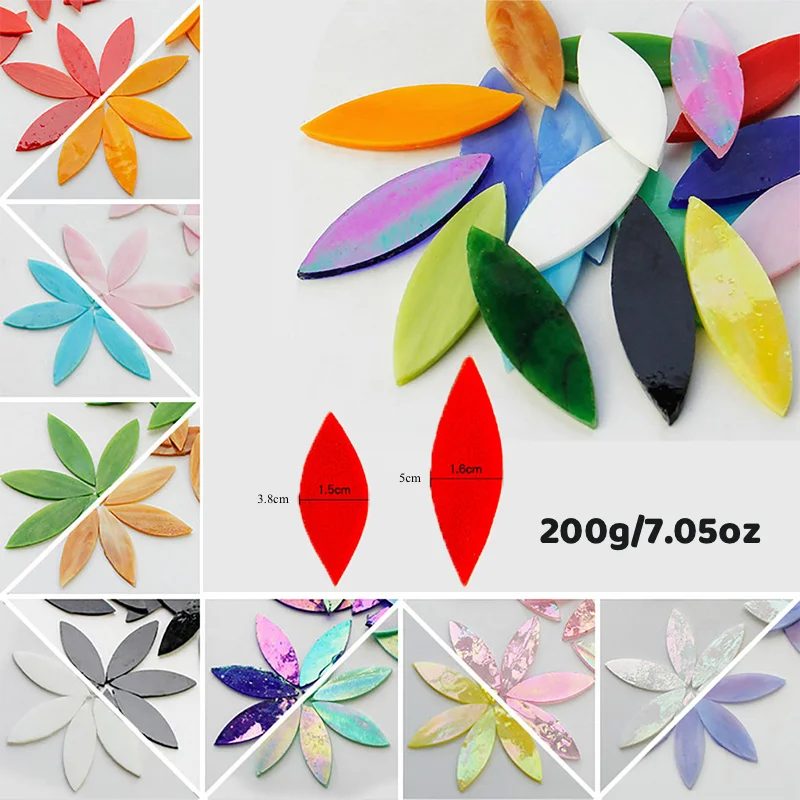 

200g/7.05oz 80pcs/60pcs Leaf Shaped Petal Stained Mosaic Tiles Oval Translucent Mica Glass DIY Handmade Art Craft Decoration