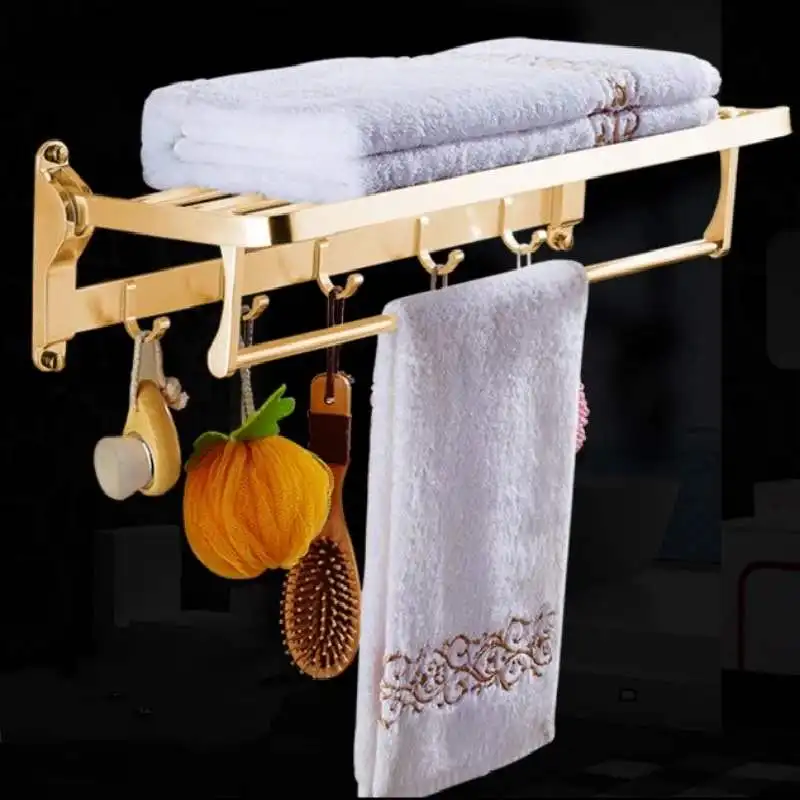 

Bathroom Towel Racks Foldable Aluminum Chrome Towel Holder Wall Mounted Towel Shelf With Hooks