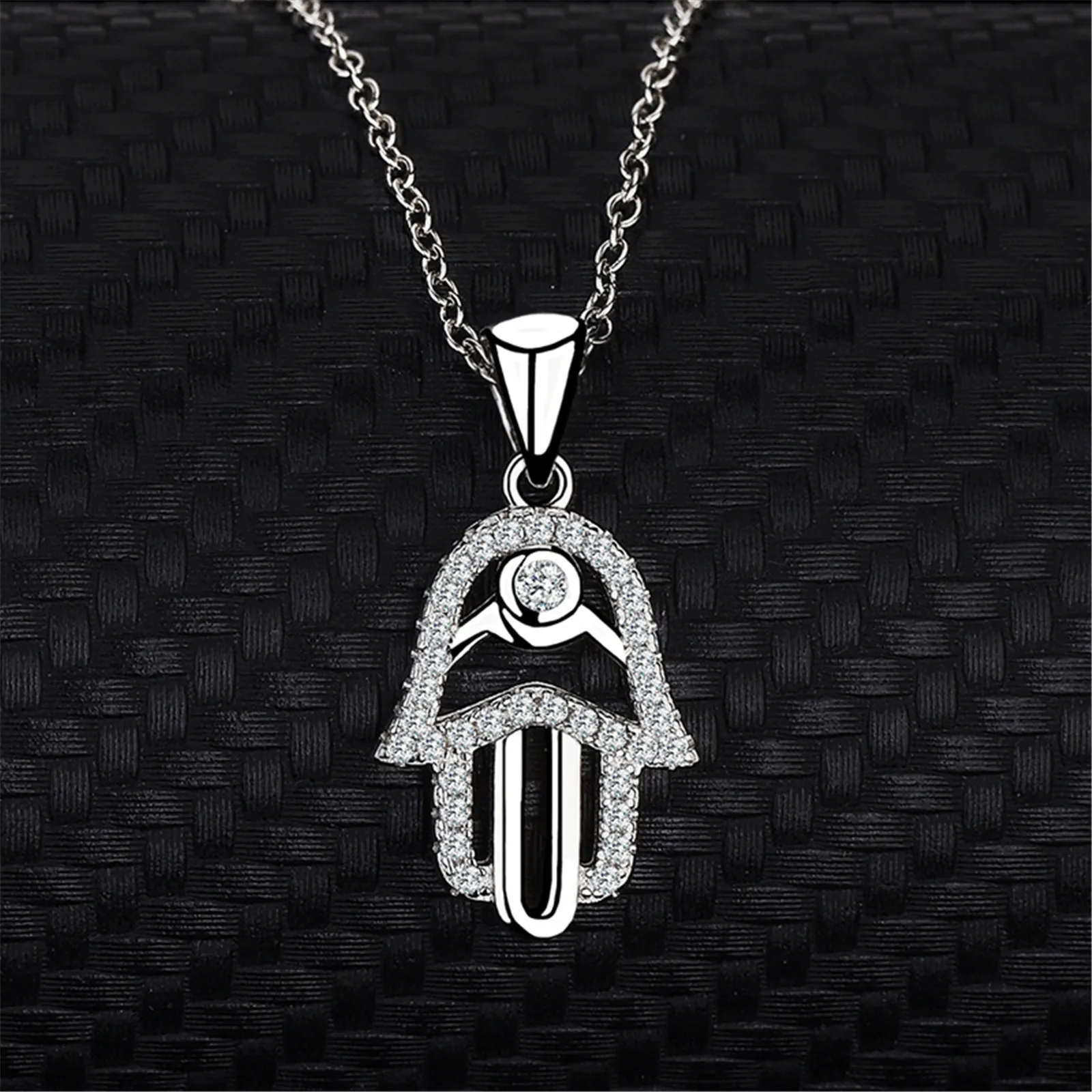 

Hamsa Hand of Fatima Necklace Silver Palm Pendant with Zircon for Women Girl Friend's Gifts New Trendy Clavicle Chain