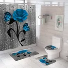 Набор нескользящих ковриков для ванной комнаты с изображением синих цветов и бабочек, прочные водонепроницаемые душевые занавески, коврики, крышки для унитаза, коврики для ванной