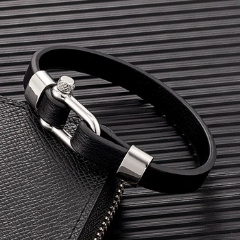 Men Women Black Stainless Steel U shape Leather Bracelet 3