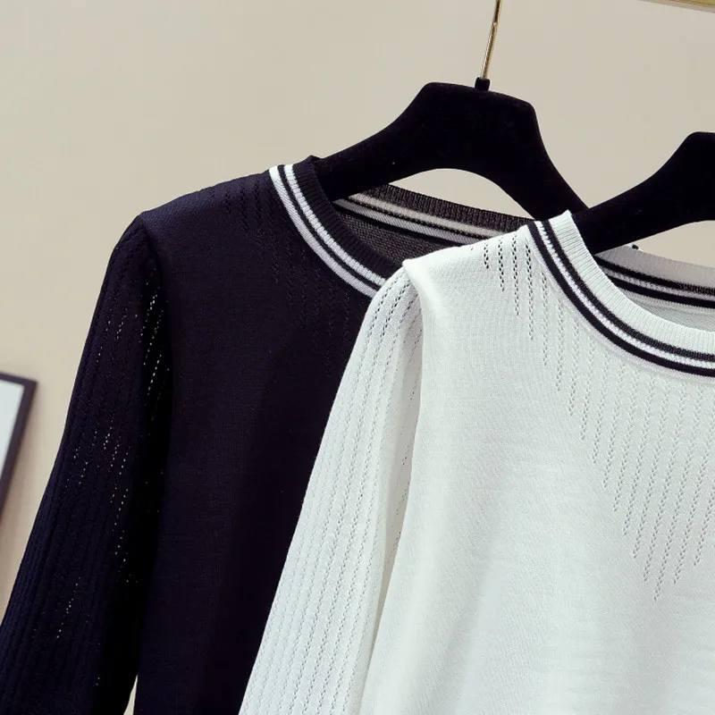 

Hollow Out Design Standard Knitting Sweater Women Autumn Winter Patchwork Black White Striped Solid Color Loose Long Sleeve Tops