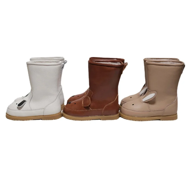 

In Stock 2021 New Handmade Boy Girl Leather Shoes Autumn and Winter Leather Warm Animal Cartoon Long Hair Anti-ski Boots