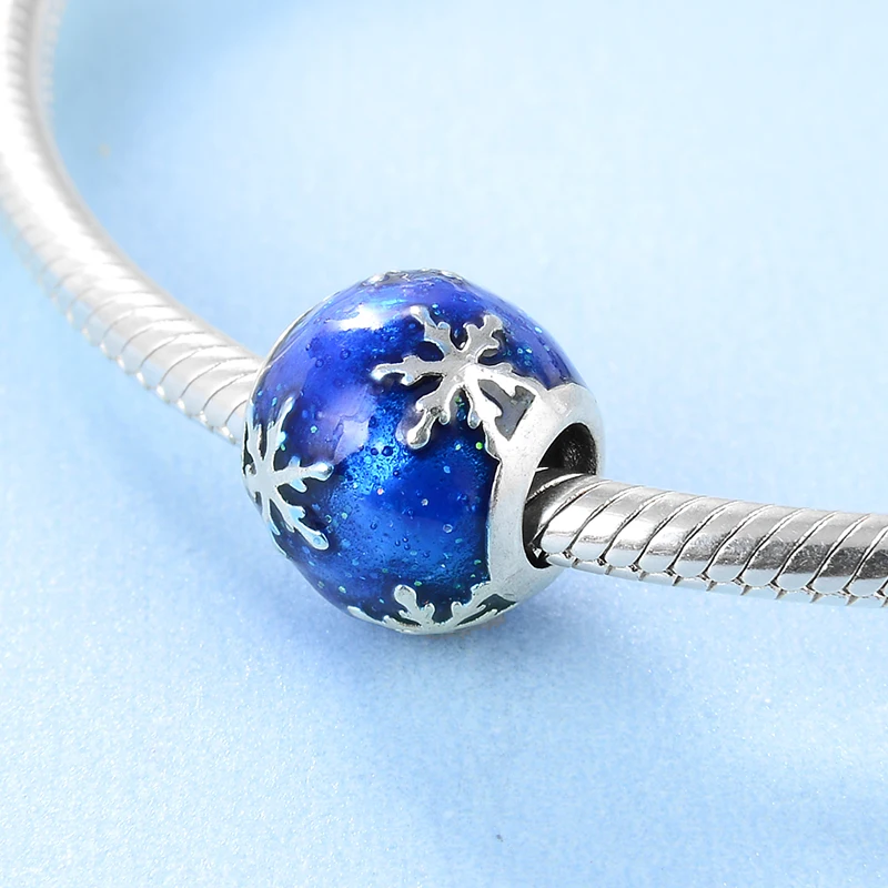 

New 925 Sterling Silver Fashion Snowflakes Blue Round DIYenamel Beads Fit Original europeu Charm Bracelet Jewelry making