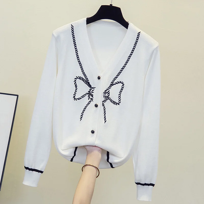 Женский однобортный Кардиган с бантом Свободный Вязаный Свитер оверсайз