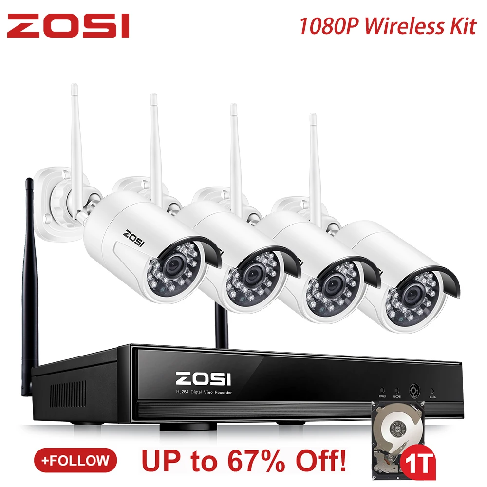 ZOSI 1080P 4 канала система Скрытого видеонаблюдения Системы Беспроводной WI-FI IP Камера комплект 1 ТБ HDD удаленного просмотра в монитор персонального компьютера
