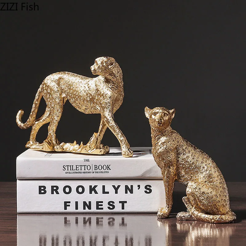 

Golden Leopard Statue Nordic Living Room Decoration Desktop Animal Figurine Resin Ornaments Sculpture Vintage Home