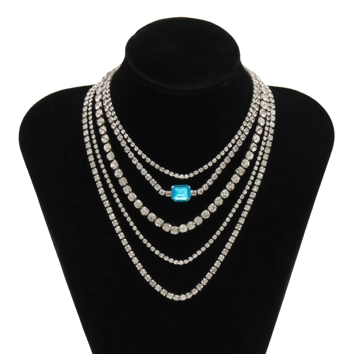 

Sparkling Silver Color Crystal Tennis Chain Choker Necklace Blue Gem Bridal Women Wedding Party hinestone Choker Jewelry Gifts