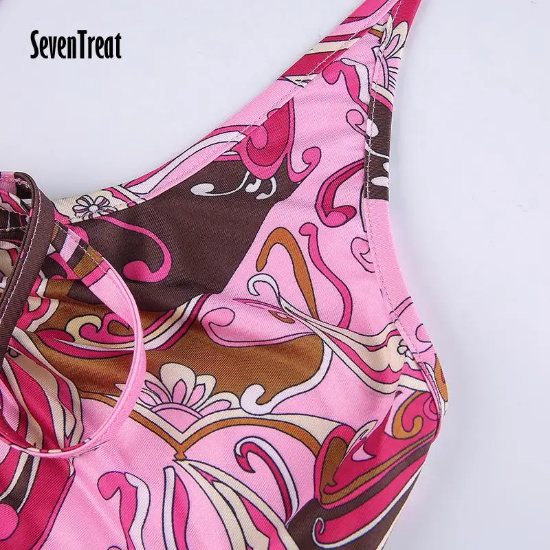 

2021 Y2K Print Bandage Crop Top Women Halter Neck Backless Summer Vintage Sleeveless Green Off Shoulder Sexy Tank Tops Camisole