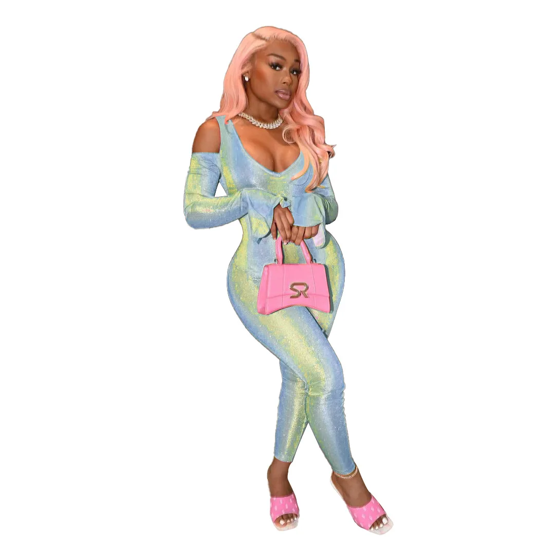 

Zoctuo Jumpsuit Long Flare Sleeve Sparking Changing Color Jumpsuit S-4XL Hollow Out Skinny Night Club Autumn Outdoor Romper