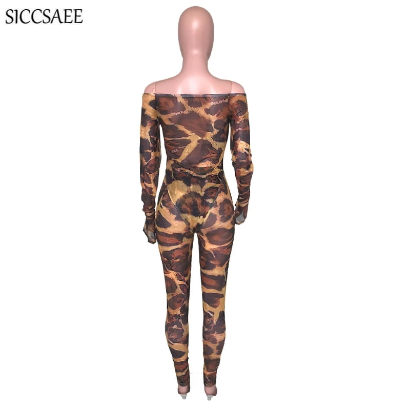 

Leopard Printed Two Piece Set Off Shoulder Bodycon Bodysuit Long Pants Backless Slash Neck Clothing Sexy Costumes Flare Sleeve