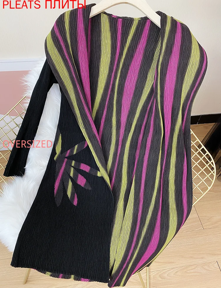 

Miyake Pleated Windbreaker High-end Double-layer Thick Over-the-knee Trench Coat MIDI Digital Printing Abrigo Mujer