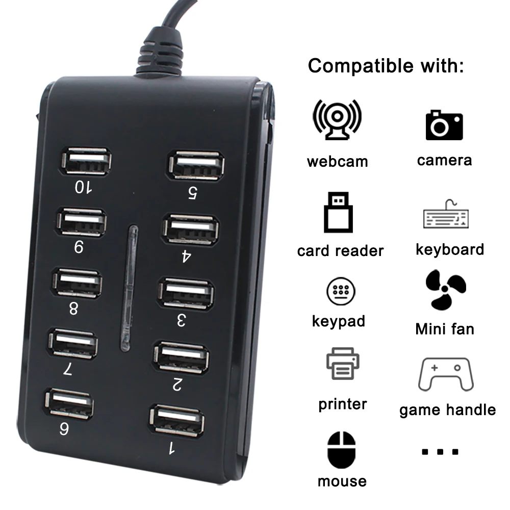 

Концентратор USB 2,0 с 10 портами, высокоскоростной расширитель с несколькими USB-портами для ПК, компьютера, ноутбука, дома и офиса