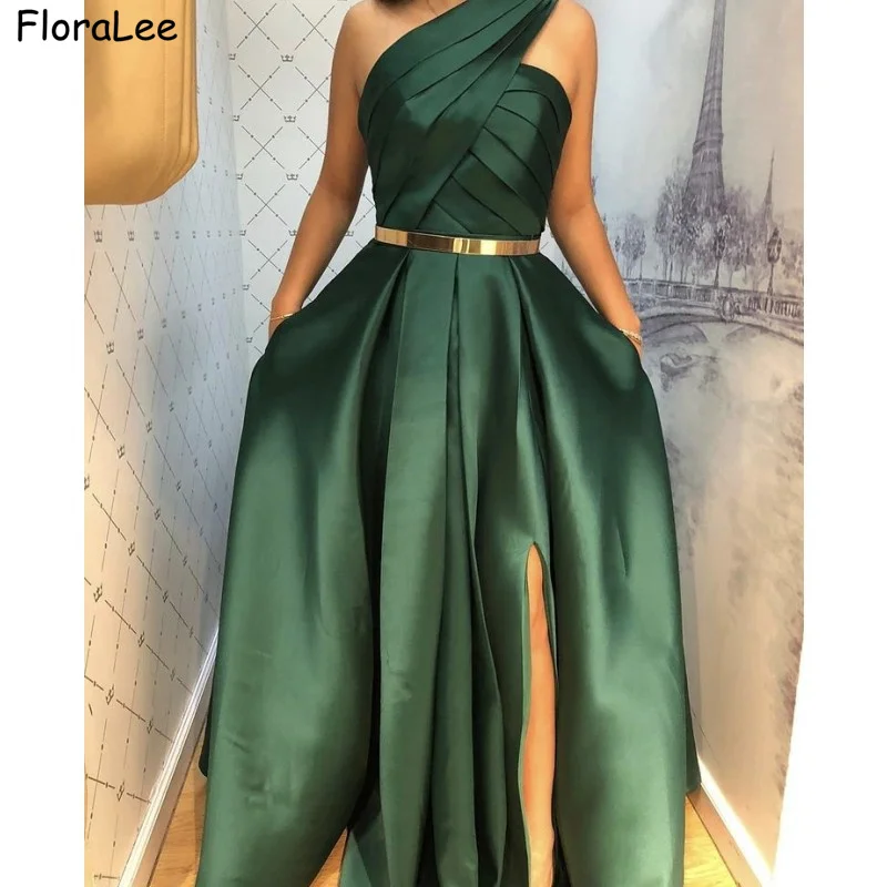 

Green Evening Dresses One Shoulder Floor Length Satin Pleated A-Line Evening Dresses Zipper Back Event Dresses With Sash