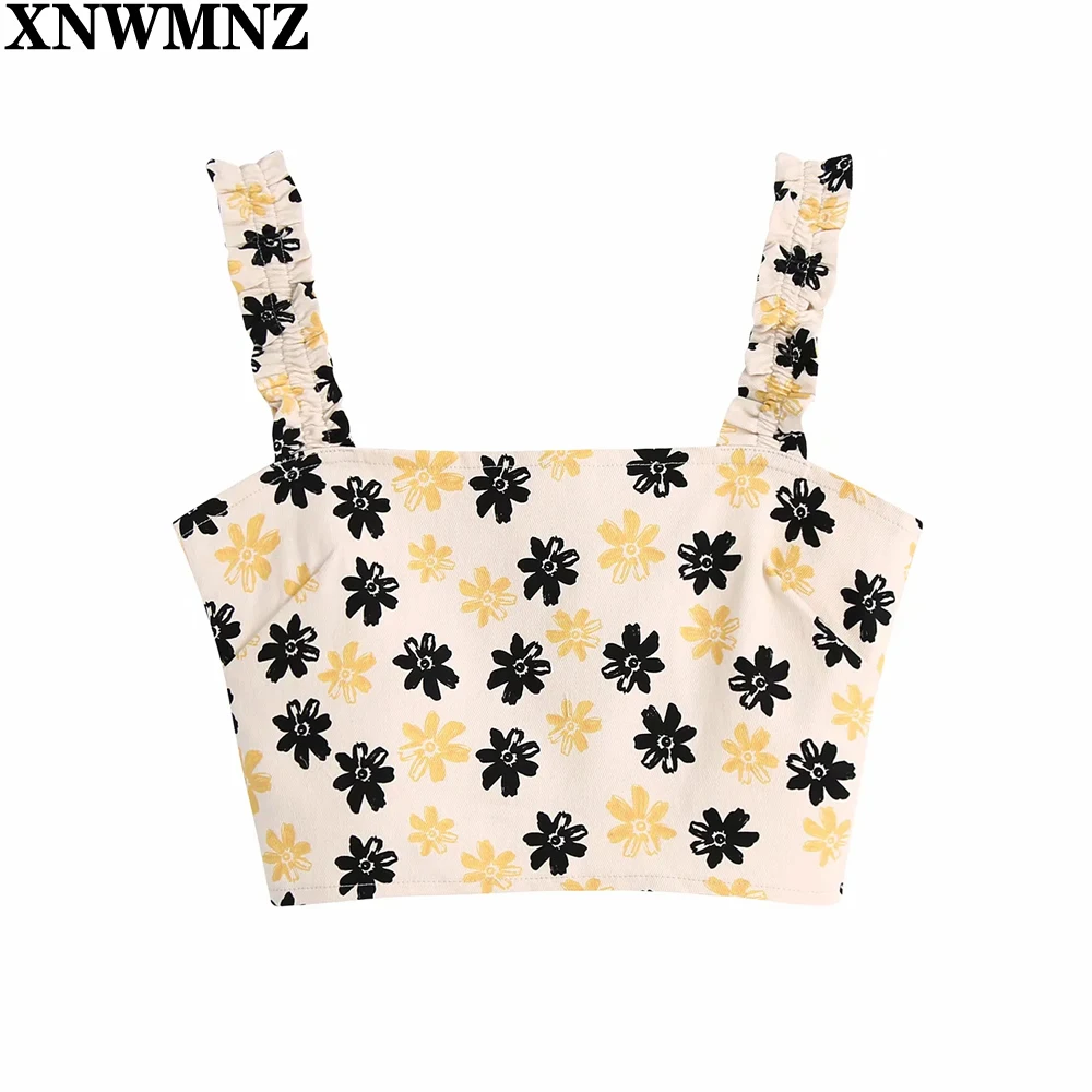 

XNWMNZ 2021 Women Fashion Floral Print Short Sling Smock Blouse Chic Lady Back Elastic Shirt Roupas Femininas Summer Crop Tops