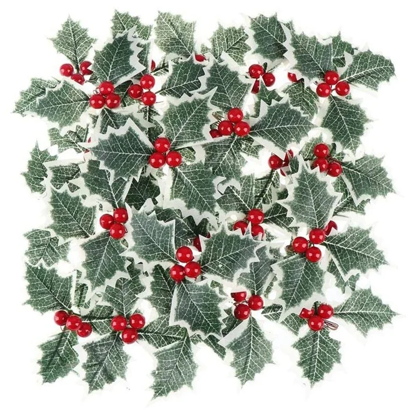 

Practical 60Pcs Artificial Holly Berry With Green Leaves Red Berry Pine Cone For Christmas Arrangement Craft Wedding Party