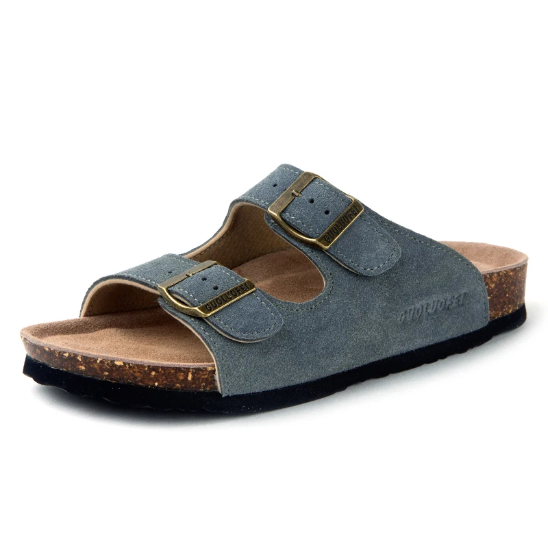 

Summer Men's Cow Suede Leather Mule Clogs Slippers High Quality Soft Cork Two Buckle Slides Footwear For Men Women Unisex 35-46