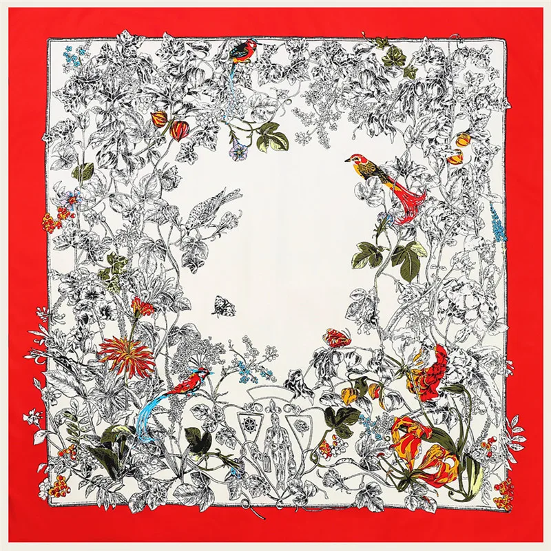 130 см квадратный шарф 2023 роскошный брендовый шелковый шарф женский цветок и шарф с принтом в виде птиц для женская головная повязка саржевая шаль