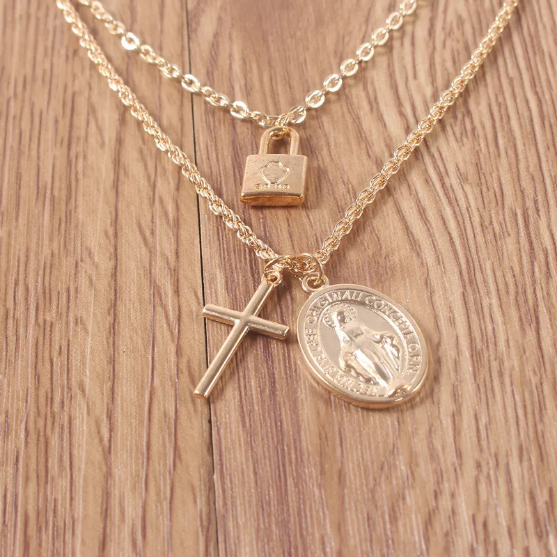 BUTEELUVV Lock Cross Jesus Pendant Necklace for Women Vintage Religious Gold Triple Layered Chain Fashion Jewelry | Украшения и