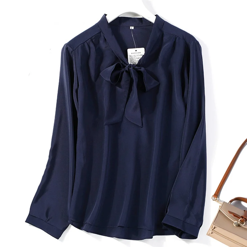 

Women's 100% Mulberry Silk Tie bow Neck Shirt Top Blouse long sleeve office work solid colors JN009-2