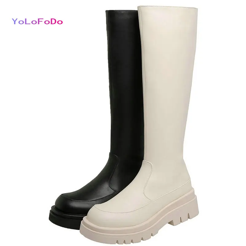 

Женские мотоциклетные сапоги на платформе, сапоги до колена на квадратном каблуке, с круглым носком, на молнии, большие размеры до 43, Осень-з...