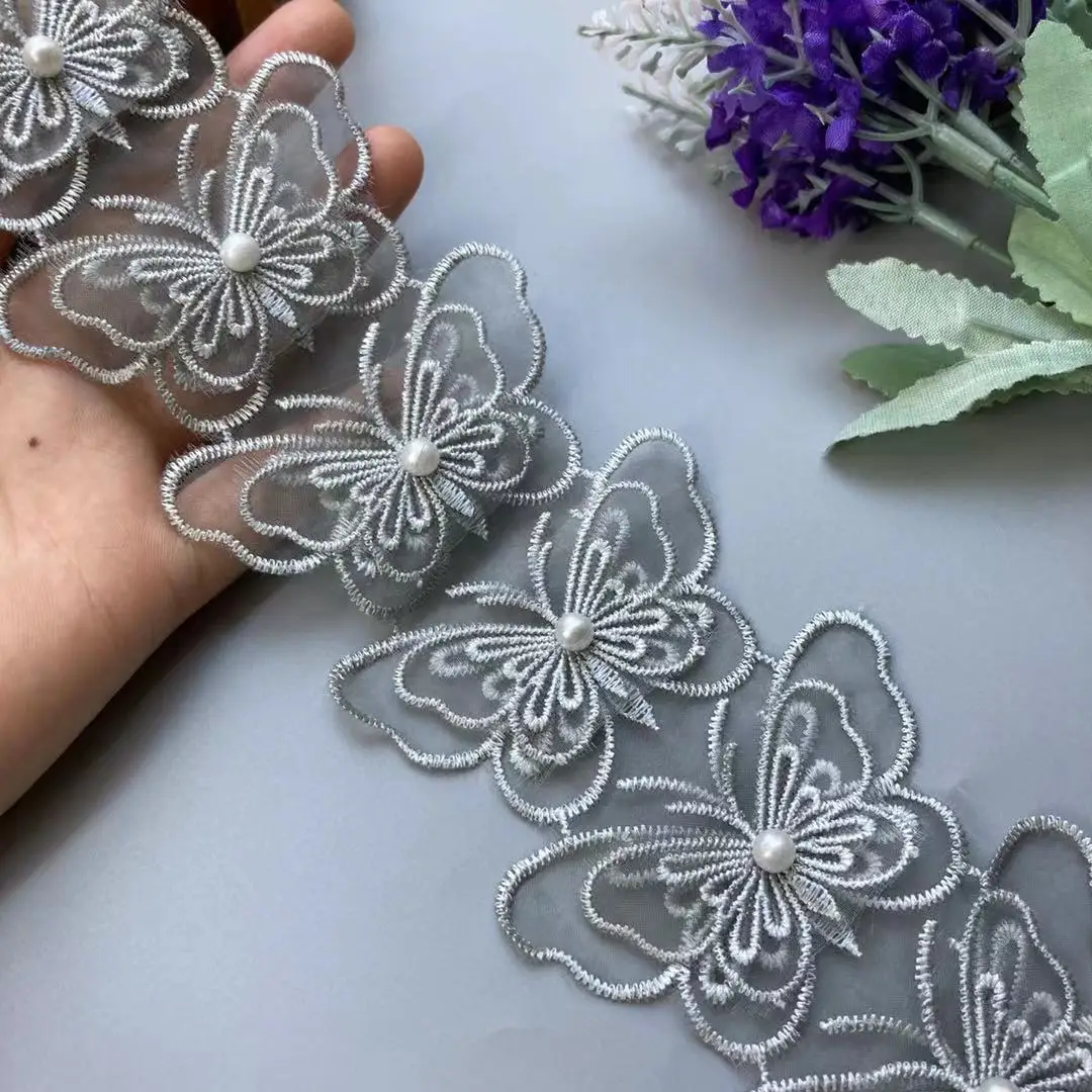 

1 Yard Gray Mesh Pearl Double Layer Bowknot Embroidered Lace Trim Ribbon Patches Applique Fabric Wedding Dress Sewing Supplies