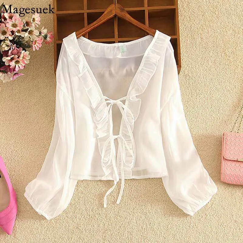 

Korean Ruffle Fairy Sunscreen Shirt 2021 Elegant Long Sleeve Lace-up Women's blouse Loose Shawl Chiffon Shirt Blusas 15861