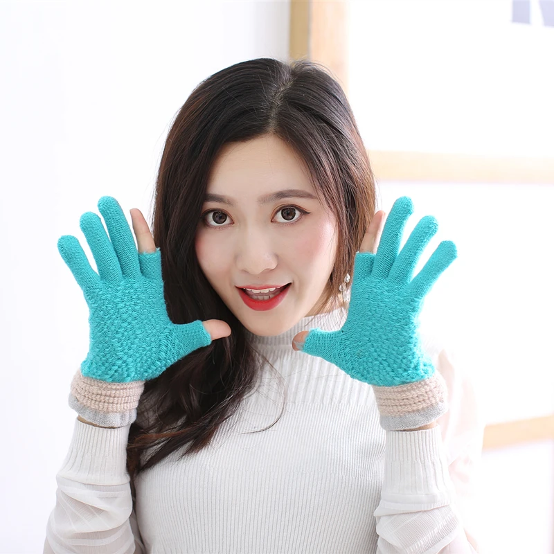 Зимние теплые женские перчатки без пальцев Вязаные варежки для девочек Guantes