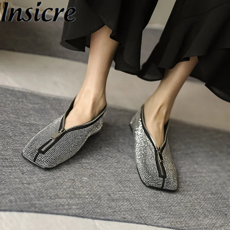 

Drestrive 2022 New Fashion Women Flats Pen Bag Shoes Zipper Square Toe Crystal Cow Suede Casual Low Heels Spring