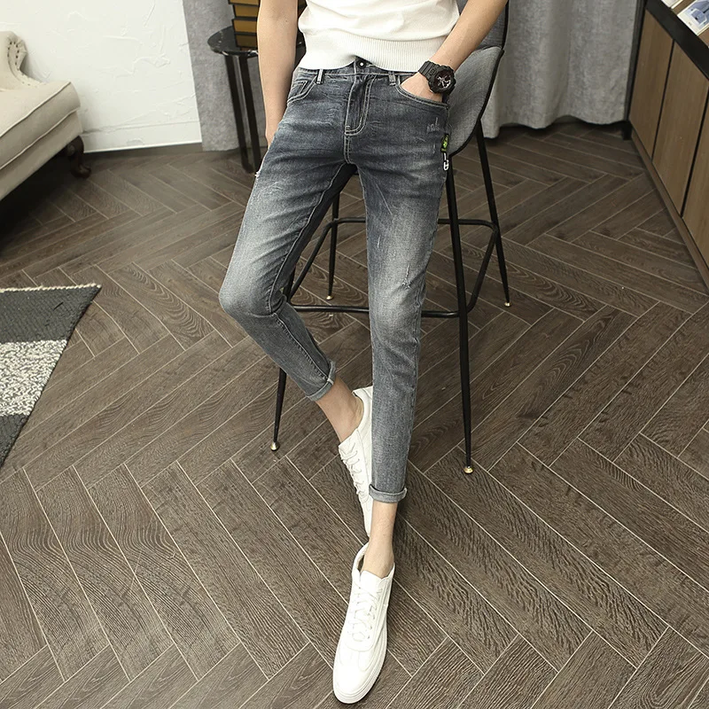 

Корейские мужские брюки длиной до щиколотки, узкие простые трендовые джинсы с кошачьим венчиком, весенние новые брюки с маленькими лапами