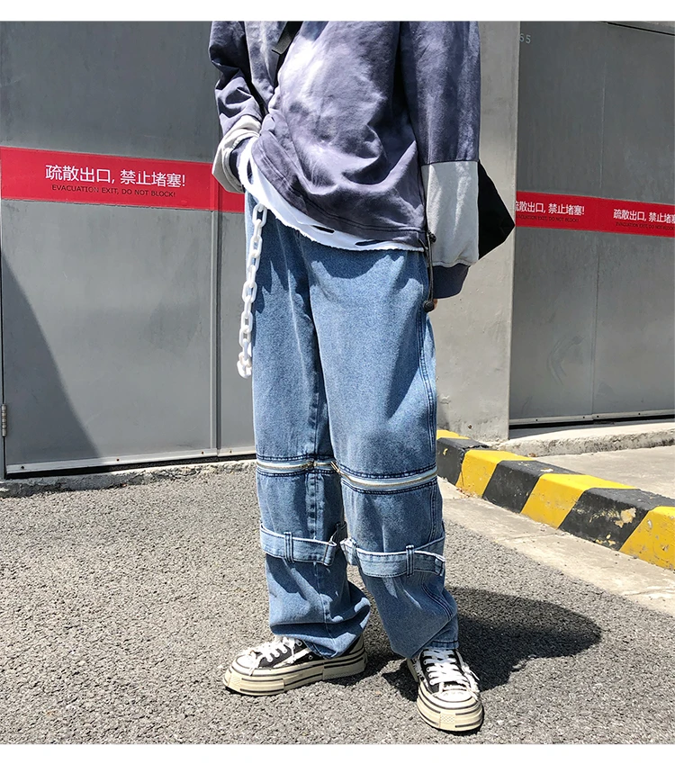 Мужские и женские уличные панк корейские джинсы Harajuku съемное кольцо с молнией пояс Завитая лента свободные джинсовые женские укороченные брюки больших размеров шаровары Хип-хоп