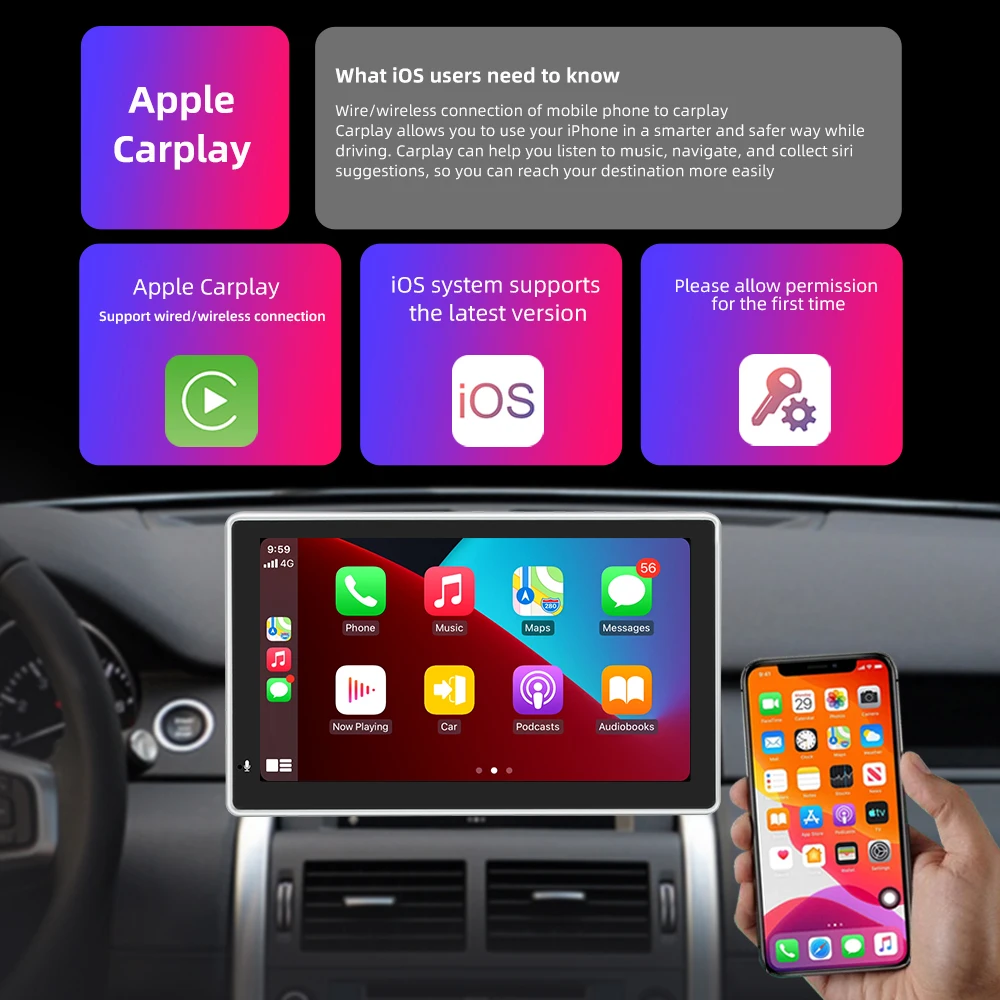 7 inch touch screen portable wireless apple carplay wireless android auto multimedia bluetooth navigation hd1080 stereo linux free global shipping