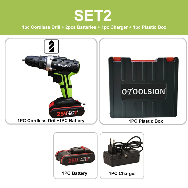 SET2 (2 pc battery) Мощность Фул 25+ 1 электродрель крутящего момента многофункциональная аккумуляторная ручная дрель отвертки Портативный Мощность инструментов с инструментальным ящиком - Цвет: SET2 (2 pc battery)