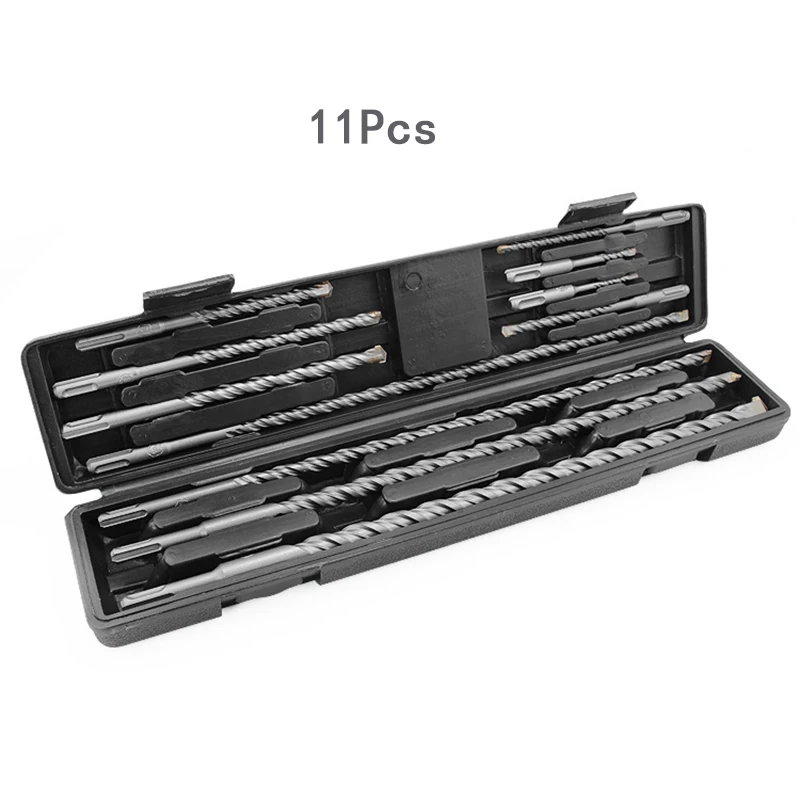 11Pcs Electric Hammer Bit Set Two-pit two-slot Woodwork Twist Round Shank Alloy Impact Drill For Concrete Perforated