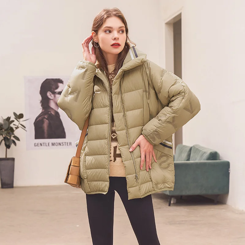 

Пуховик SHZQ женский средней и большой длины, новинка зимы 2021, куртка на белом утином пуху, свободная куртка с буквами в Корейском стиле