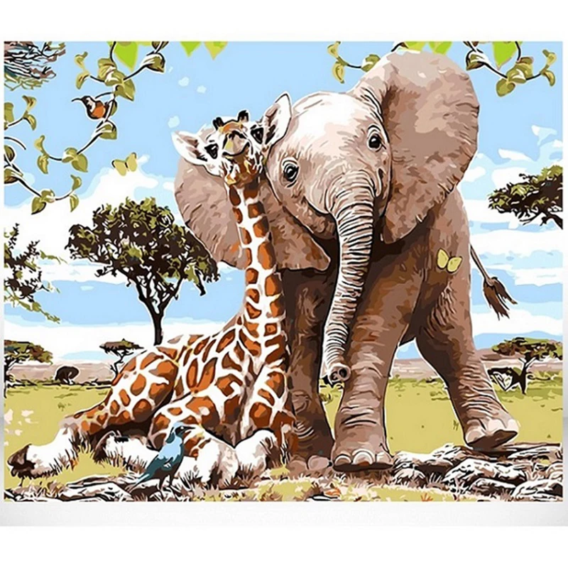 

Oil Painting By Number Giraffe And Elephant Color Drawing HandPainted Animal Pciture By Number On Canvas Frame DIY Kit Decor Art