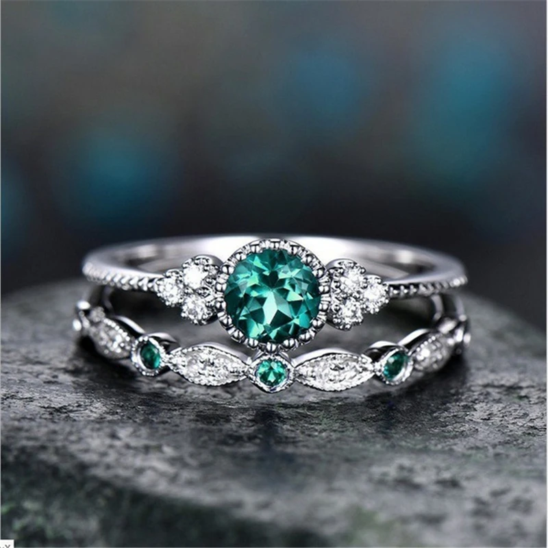 

Crystal Rings Engagement Jewelry Sliver Stone Zirconia Luxury Wedding 2018 2pcs/set Green Blue For Women Female Cocktail Round