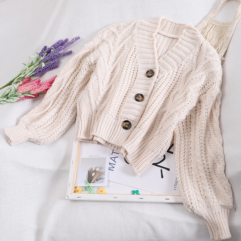 

Autumn Winter Women's Knit Cardigan Short Crop Tops Chic Students Loose Solid Color Single-Breasted Sweater Female GD149