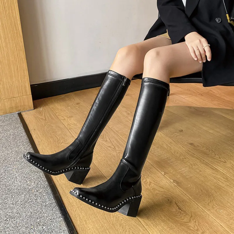

Genuine Leather Stretch Boots European And American Style 2021 New Autumn And Winter Square Head Pearl Measuring Zipper High