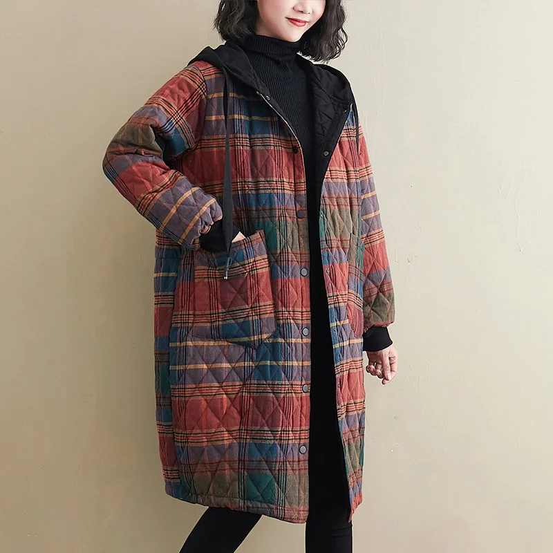 

Women Vintage Winter Parkas Plaid Button Coats Hooded Pockets 2021New Warm Female Clothes Korean Style Parkas Coats