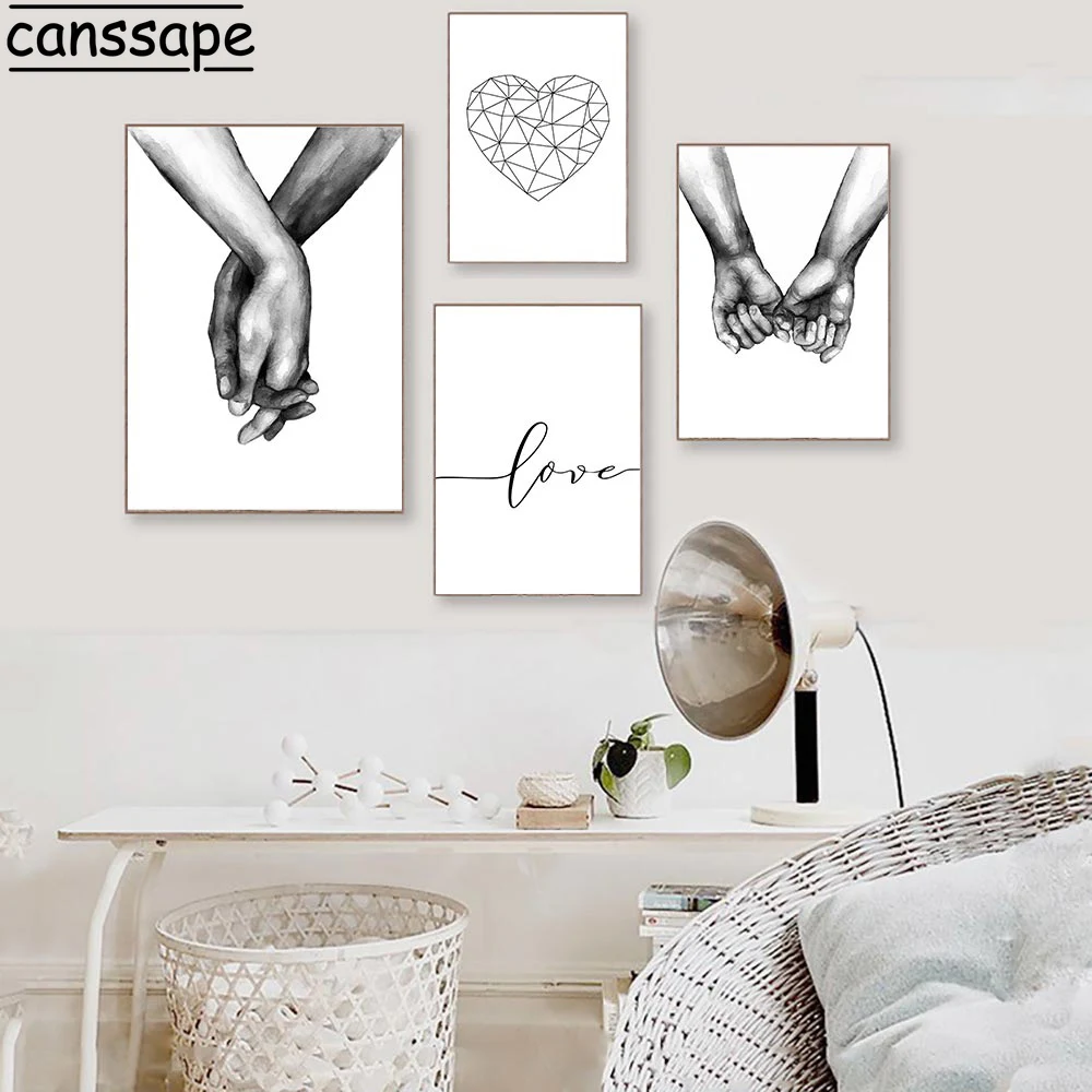 Любовь постер пара держа руки Живопись черный и белый стены искусства холст