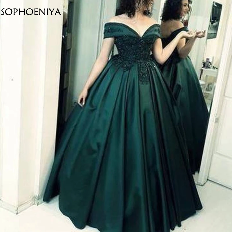 

New Arrival V Neck Satin Formal dress evening gown Lace Appliques Green ball gown evening dresses Plus size Avondjurken