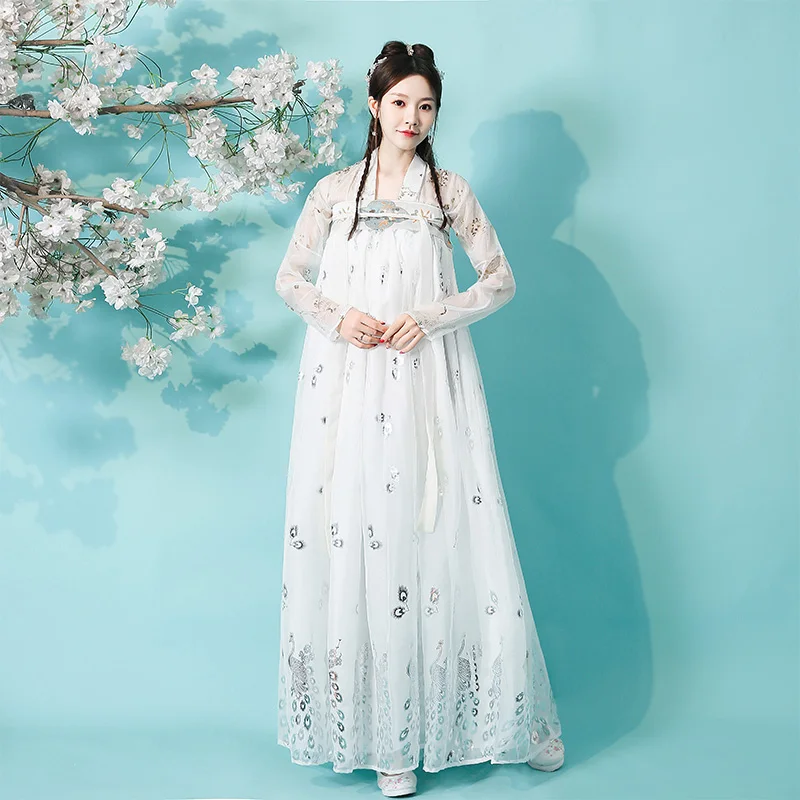 

chinese women beauty Stage dance costume movie tv drama Hanfu chinese dress girl fairy Ancient Chiffon Lace white skirt